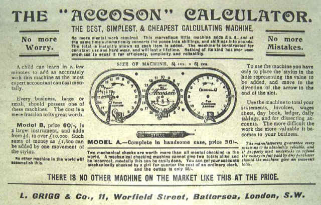 Accoson Calculator For Compound Addition Ad L .Grigg and Co. London (courtesy V. Geppert)